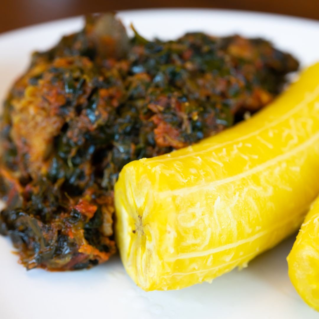 Boiled or fried ripe plantain with steak and vegetable sauce (Served with drinking water and choice of snacks)